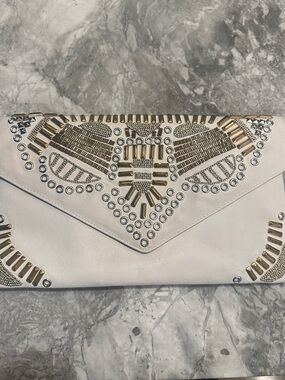 Ash White Envelope Clutch with Gold & Silver Stud Embellishments